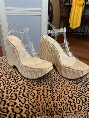 Jessica Simpson Clear-Strap Espadrille Platform Wedges in Beige